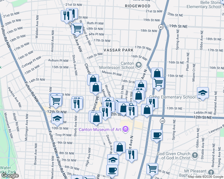 map of restaurants, bars, coffee shops, grocery stores, and more near 318 Chicago Place Northwest in Canton