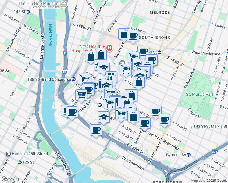 map of restaurants, bars, coffee shops, grocery stores, and more near 315 Alexander Avenue in The Bronx