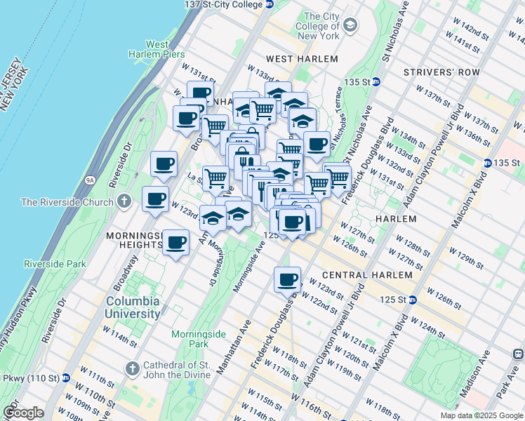 map of restaurants, bars, coffee shops, grocery stores, and more near 415 West 125th Street in New York