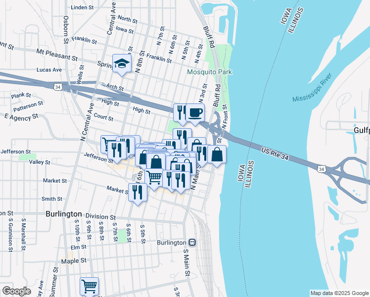 map of restaurants, bars, coffee shops, grocery stores, and more near 501 North 3rd Street in Burlington