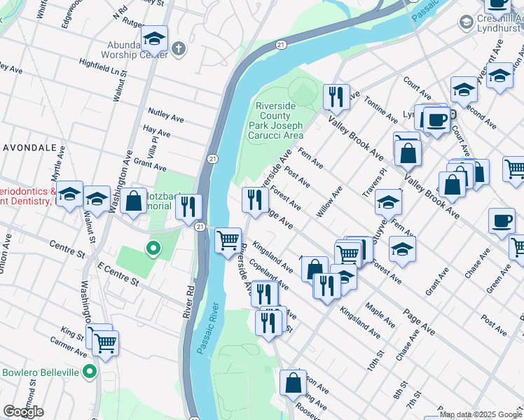 map of restaurants, bars, coffee shops, grocery stores, and more near 112 Page Avenue in Lyndhurst