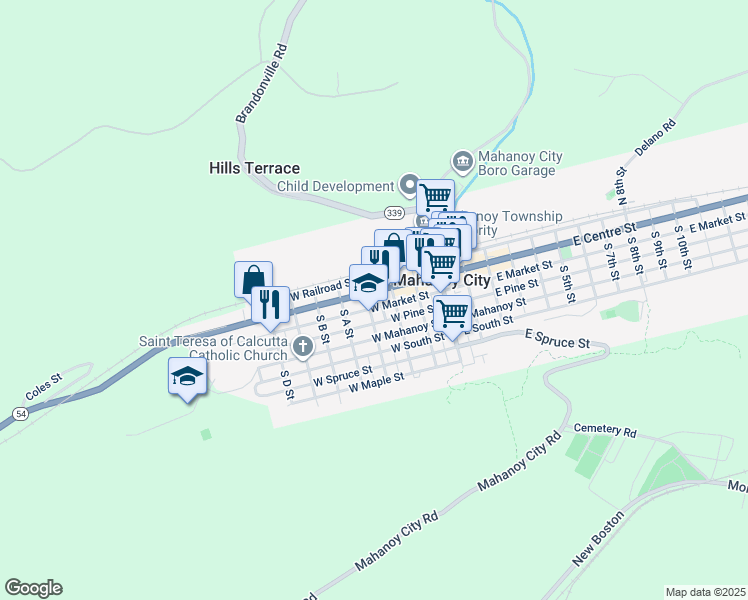 map of restaurants, bars, coffee shops, grocery stores, and more near 7 South Catawissa Street in Mahanoy City