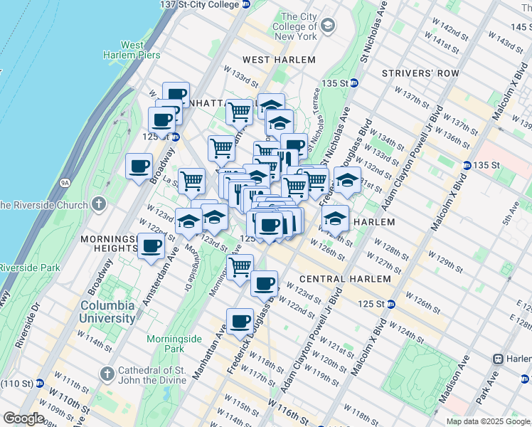 map of restaurants, bars, coffee shops, grocery stores, and more near 371 West 126th Street in New York