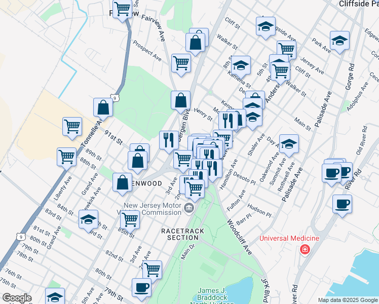 map of restaurants, bars, coffee shops, grocery stores, and more near 416 Hancock Place in Fairview