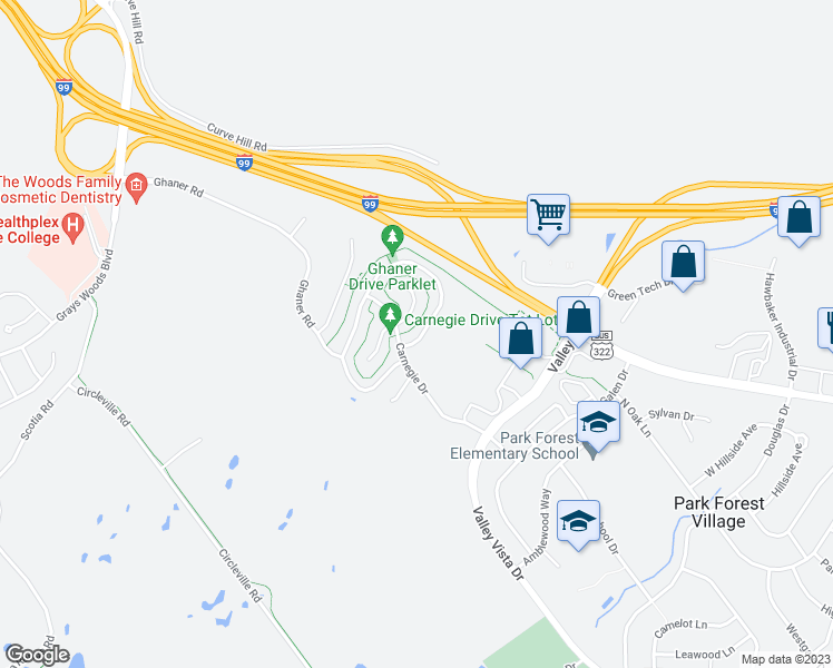 map of restaurants, bars, coffee shops, grocery stores, and more near 368 Ghaner Drive in State College