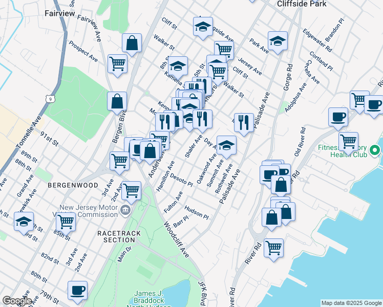 map of restaurants, bars, coffee shops, grocery stores, and more near 135 Fulton Avenue in Fairview
