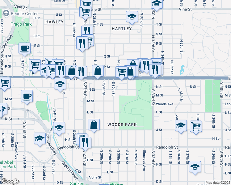 map of restaurants, bars, coffee shops, grocery stores, and more near 206 South 30th Street in Lincoln