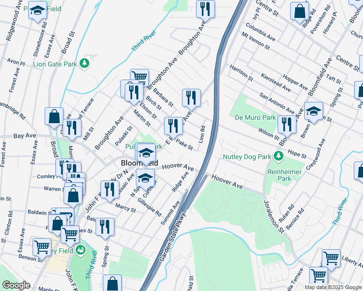 map of restaurants, bars, coffee shops, grocery stores, and more near 169 Pake Street in Nutley