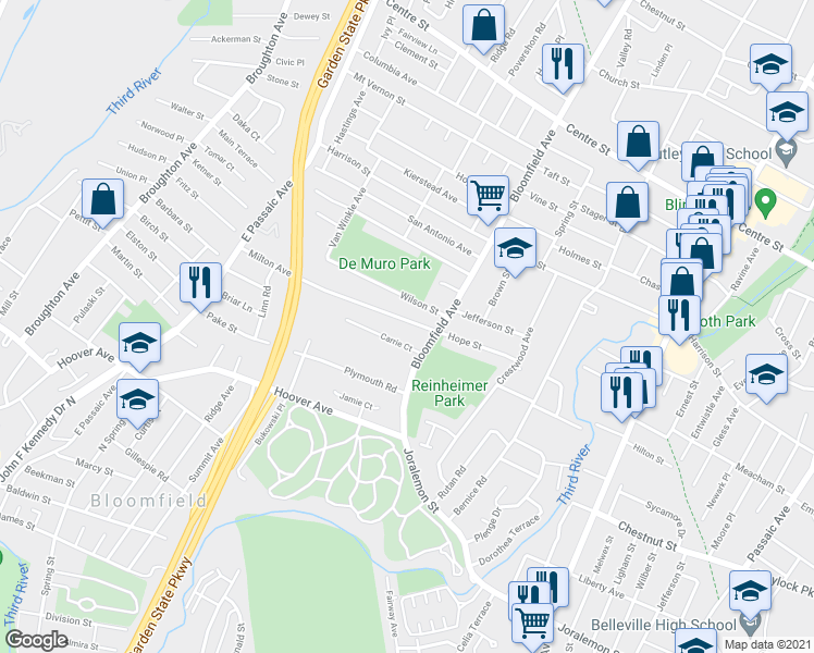 map of restaurants, bars, coffee shops, grocery stores, and more near 23 Milton Avenue in Nutley