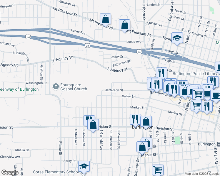 map of restaurants, bars, coffee shops, grocery stores, and more near 1500 Jefferson Street in Burlington