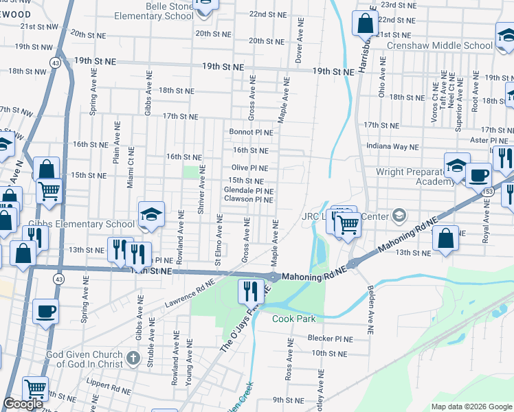 map of restaurants, bars, coffee shops, grocery stores, and more near 1441 Wabash Ct NE in Canton