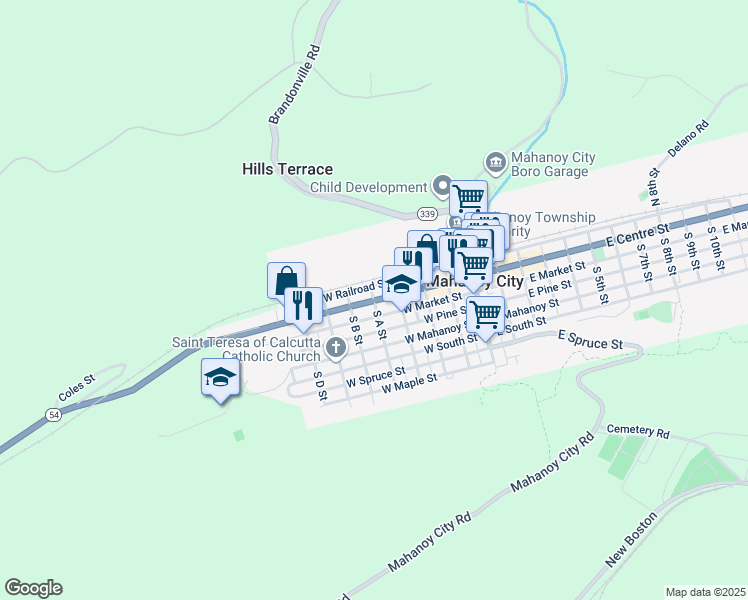 map of restaurants, bars, coffee shops, grocery stores, and more near West Centre Street in Mahanoy City