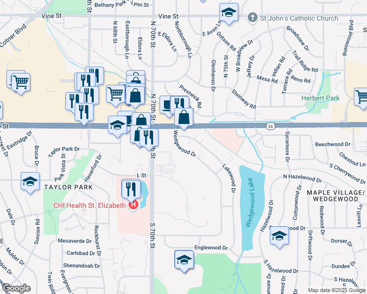 map of restaurants, bars, coffee shops, grocery stores, and more near 134 Wedgewood Drive in Lincoln