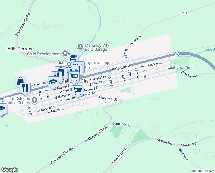 map of restaurants, bars, coffee shops, grocery stores, and more near 416-418 East Mahanoy Street in Mahanoy City