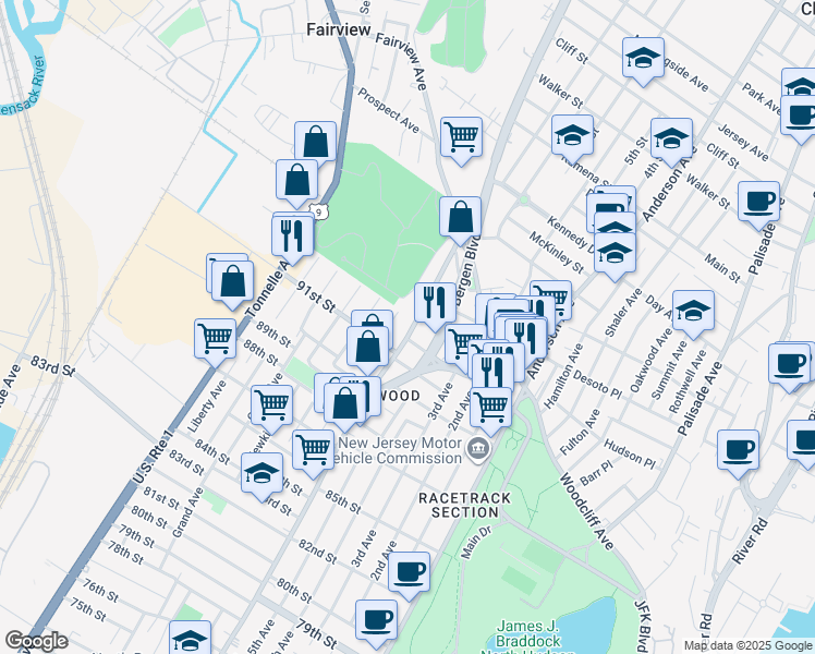 map of restaurants, bars, coffee shops, grocery stores, and more near 9205 Bergenwood Avenue in North Bergen