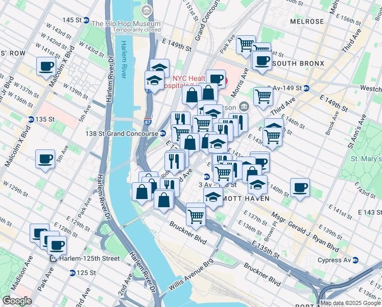map of restaurants, bars, coffee shops, grocery stores, and more near 270 Rider Avenue in The Bronx