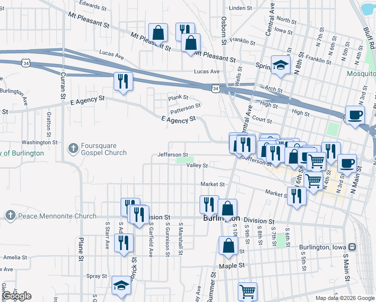 map of restaurants, bars, coffee shops, grocery stores, and more near 1324 Jefferson Street in Burlington