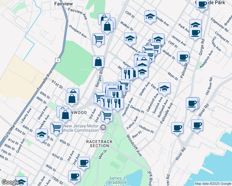 map of restaurants, bars, coffee shops, grocery stores, and more near 49 Grant Street in Fairview