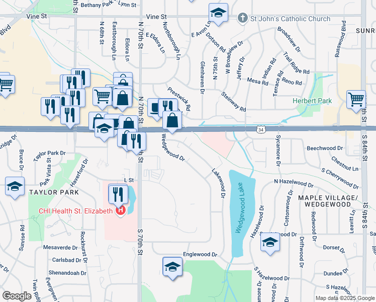 map of restaurants, bars, coffee shops, grocery stores, and more near 205 Lakewood Drive in Lincoln