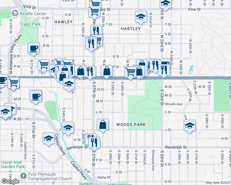 map of restaurants, bars, coffee shops, grocery stores, and more near 210 South 29th Street in Lincoln