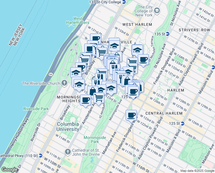 map of restaurants, bars, coffee shops, grocery stores, and more near 1305 Amsterdam Avenue in New York
