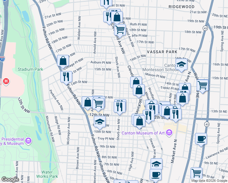 map of restaurants, bars, coffee shops, grocery stores, and more near 1316 Louisiana Avenue Northwest in Canton