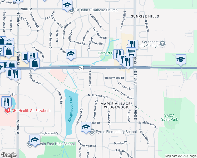 map of restaurants, bars, coffee shops, grocery stores, and more near 230 Cottonwood Drive in Lincoln