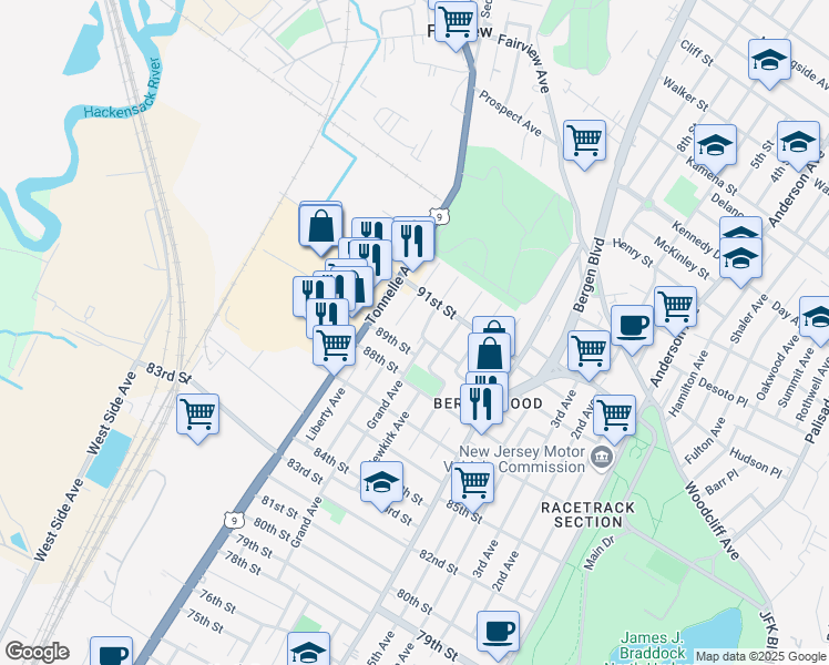 map of restaurants, bars, coffee shops, grocery stores, and more near 8915 Grand Avenue in North Bergen
