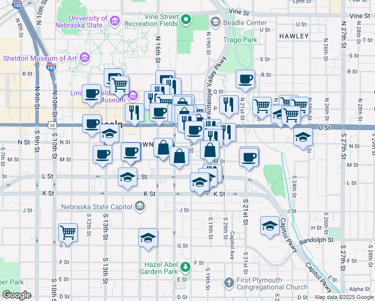 map of restaurants, bars, coffee shops, grocery stores, and more near 225 S 18th St in Lincoln