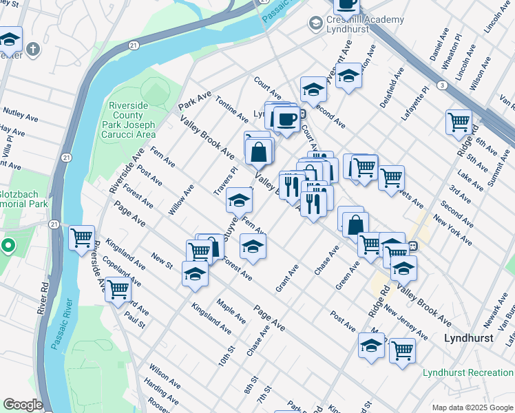 map of restaurants, bars, coffee shops, grocery stores, and more near 329 Livingston Avenue in Lyndhurst
