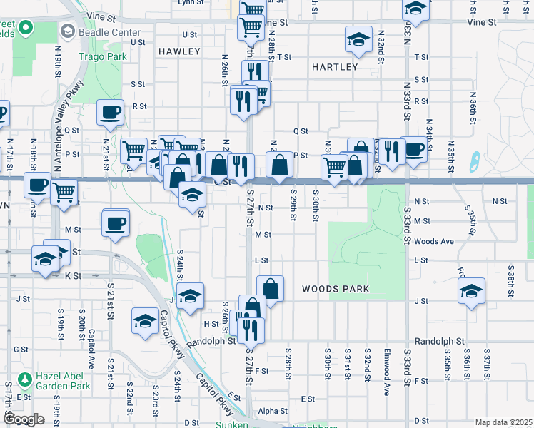 map of restaurants, bars, coffee shops, grocery stores, and more near 211 South 28th Street in Lincoln