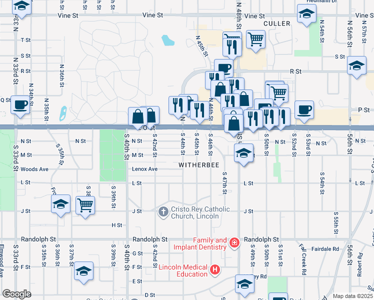 map of restaurants, bars, coffee shops, grocery stores, and more near 230 South 44th Street in Lincoln