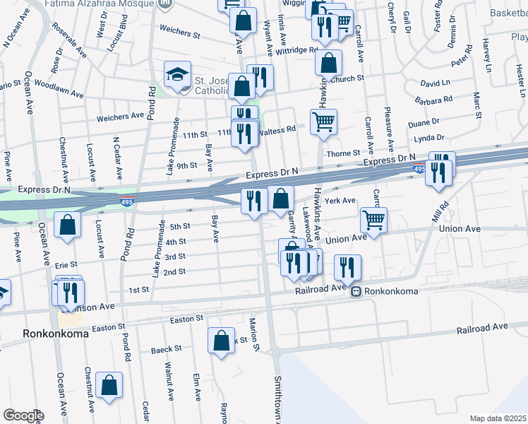 map of restaurants, bars, coffee shops, grocery stores, and more near 325 Ronkonkoma Avenue in Ronkonkoma