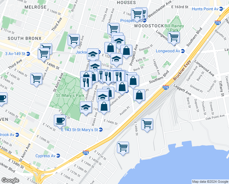map of restaurants, bars, coffee shops, grocery stores, and more near 540 Tinton Avenue in The Bronx
