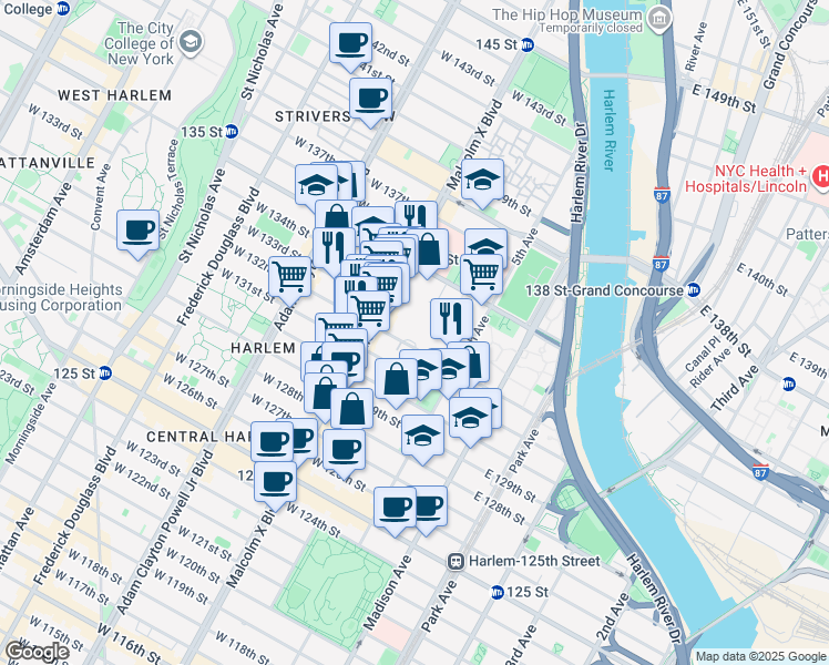 map of restaurants, bars, coffee shops, grocery stores, and more near 45 West 132nd Street in New York