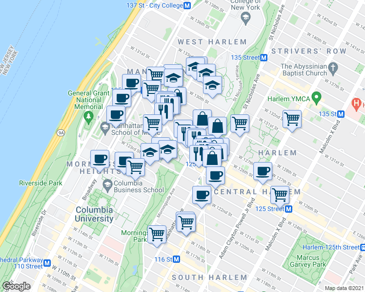 map of restaurants, bars, coffee shops, grocery stores, and more near 412 West 126th Street in New York