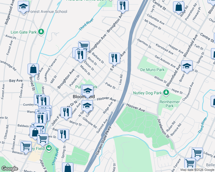 map of restaurants, bars, coffee shops, grocery stores, and more near 169 Pake Street in Nutley