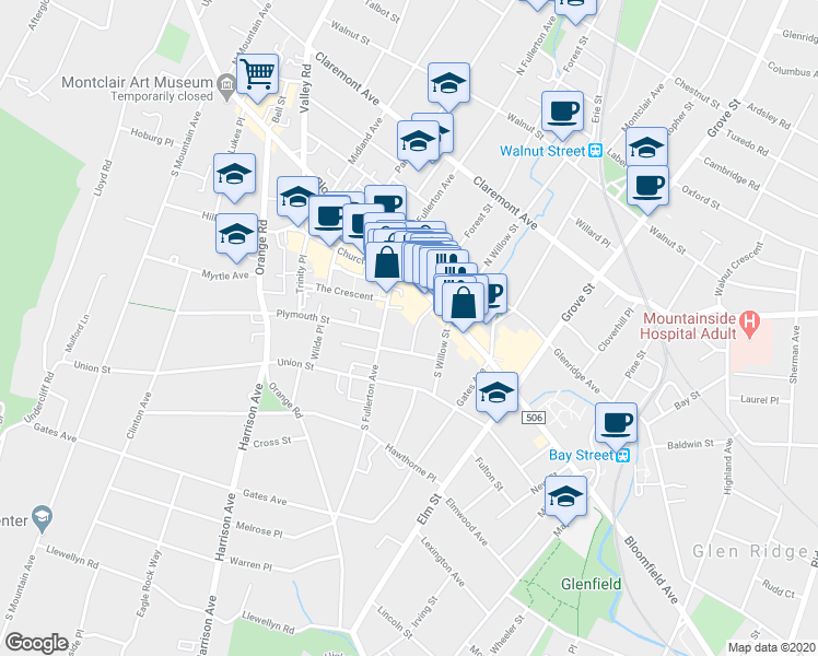 map of restaurants, bars, coffee shops, grocery stores, and more near 11 Seymour Street in Montclair