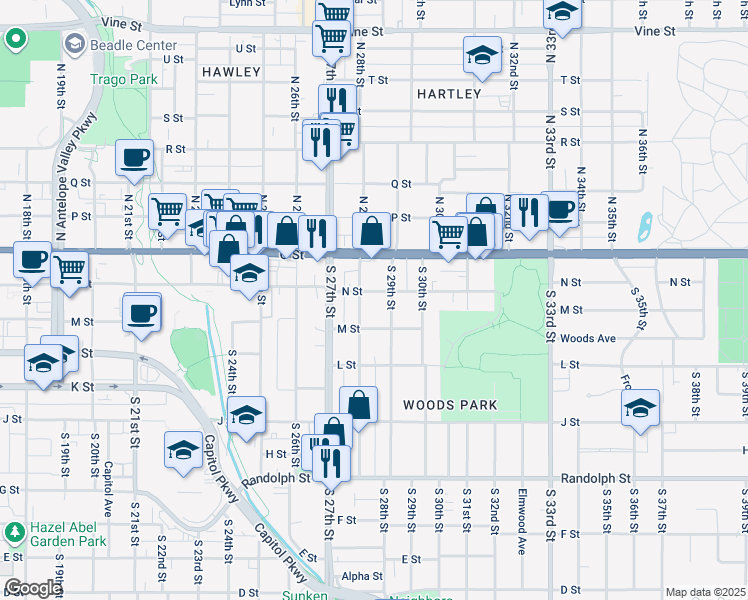 map of restaurants, bars, coffee shops, grocery stores, and more near 211 South 28th Street in Lincoln