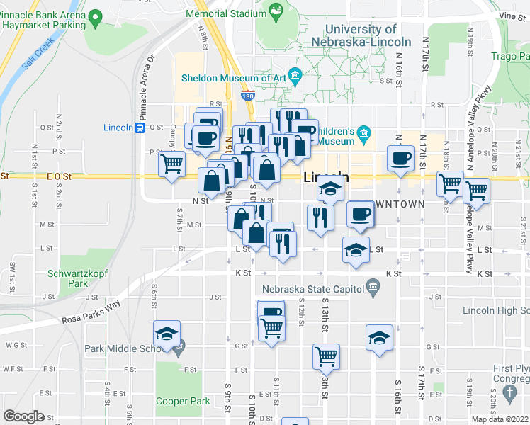 map of restaurants, bars, coffee shops, grocery stores, and more near 235 South 11th Street in Lincoln