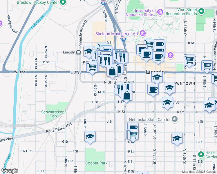 map of restaurants, bars, coffee shops, grocery stores, and more near 811 N Street in Lincoln