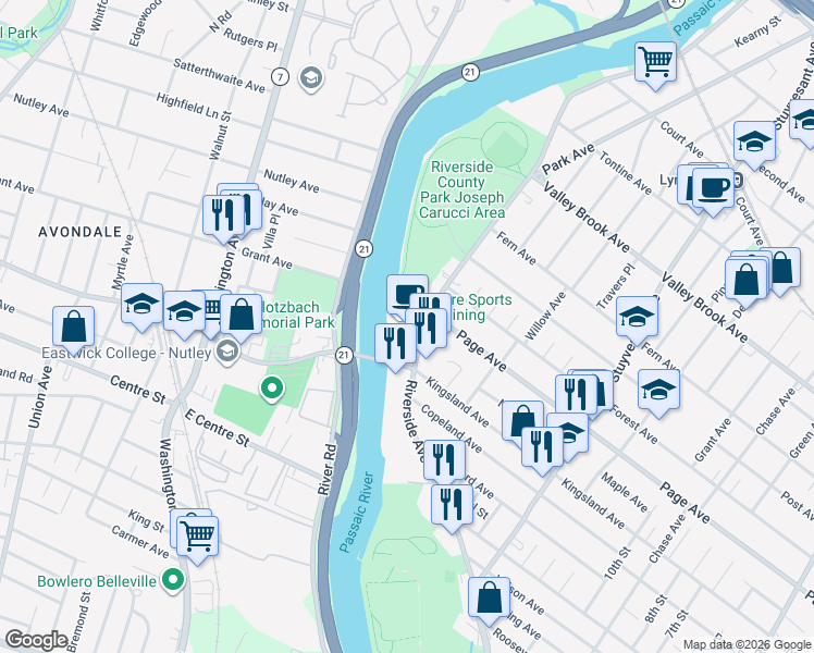 map of restaurants, bars, coffee shops, grocery stores, and more near 525 Riverside Avenue in Lyndhurst