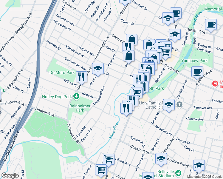 map of restaurants, bars, coffee shops, grocery stores, and more near 95 Prospect Street in Nutley