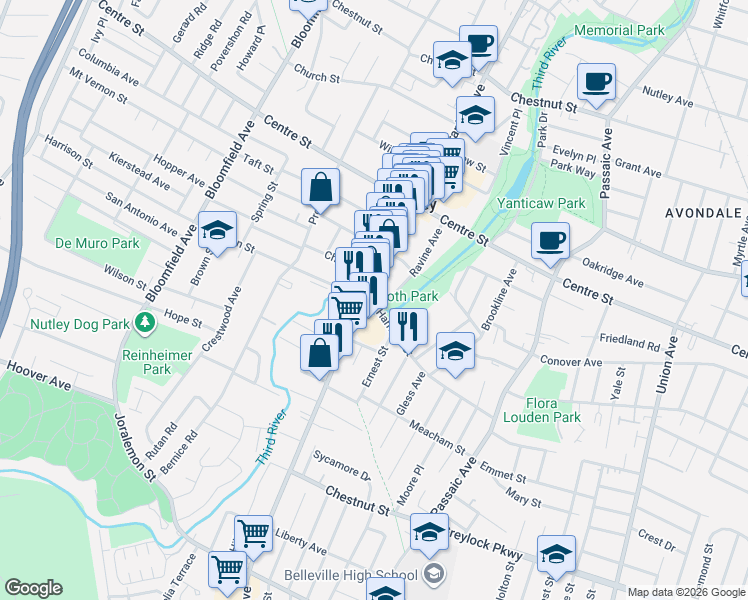 map of restaurants, bars, coffee shops, grocery stores, and more near 108 Franklin Avenue in Nutley