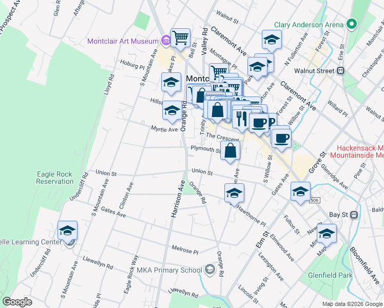 map of restaurants, bars, coffee shops, grocery stores, and more near 14 Wilde Place in Montclair