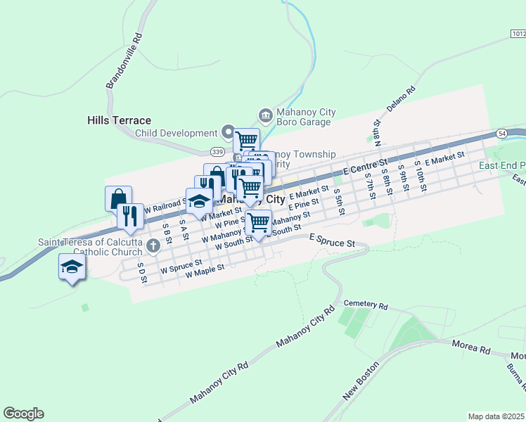 map of restaurants, bars, coffee shops, grocery stores, and more near 19 East Pine Street in Mahanoy City