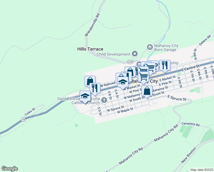 map of restaurants, bars, coffee shops, grocery stores, and more near 10 North B Street in Mahanoy City