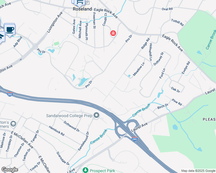 map of restaurants, bars, coffee shops, grocery stores, and more near 51 Ridge Road in Roseland