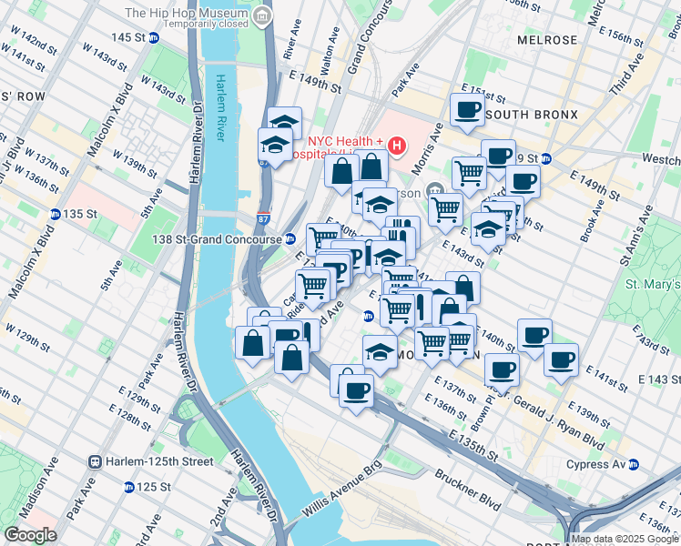 map of restaurants, bars, coffee shops, grocery stores, and more near 270 Rider Avenue in The Bronx