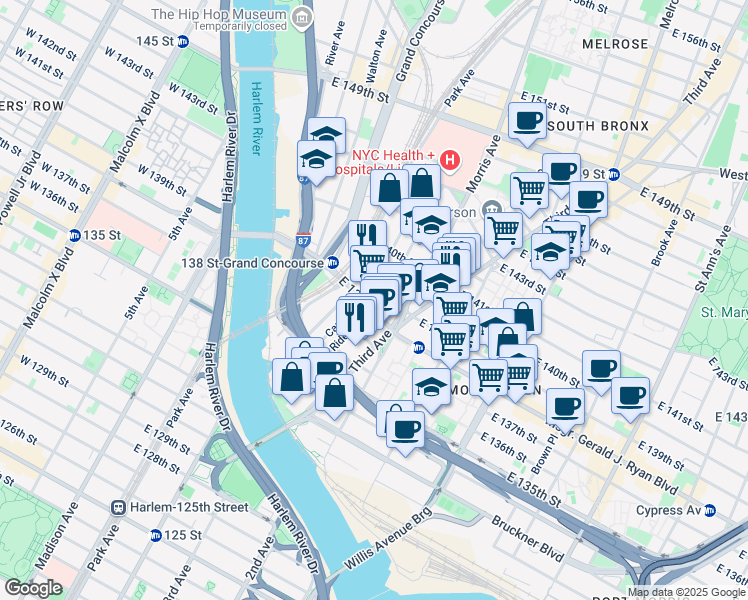 map of restaurants, bars, coffee shops, grocery stores, and more near 225 East 138th Street in The Bronx